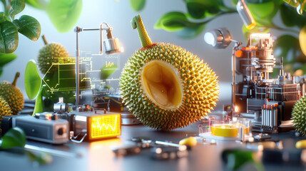 Poster - digital model of durian surrounded by advanced technology and tools, showcasing innovation and creativity in vibrant setting