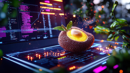 Aufkleber - digital model of durian fruit on futuristic tech interface, surrounded by vibrant colors and glowing elements, showcasing blend of nature and technology