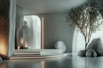 Poster - A futuristic Zen garden with glowing, holographic gravel patterns, sleek metallic stones, and a floating water fountain illuminated by soft neon lights