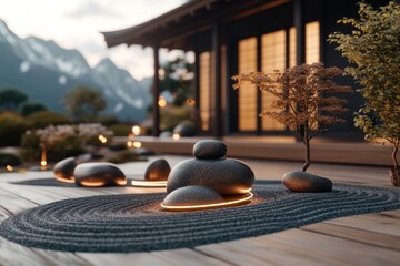 Poster - A futuristic Zen garden with glowing, holographic gravel patterns, sleek metallic stones, and a floating water fountain illuminated by soft neon lights