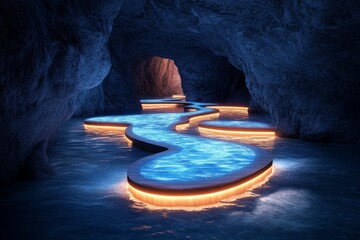 Poster - A futuristic version of Zion Canyon, with floating observation platforms, glowing trails, and holographic maps integrated into the cliffs