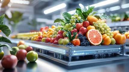 Aufkleber - Fresh fruits displayed in modern supply chain setting, showcasing vibrant colors and variety. arrangement includes apples, grapes, oranges, and berries, emphasizing freshness and abundance