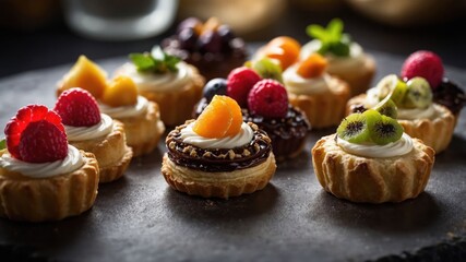 Wall Mural - A delightful assortment of mini pastries topped with fresh fruits and cream.