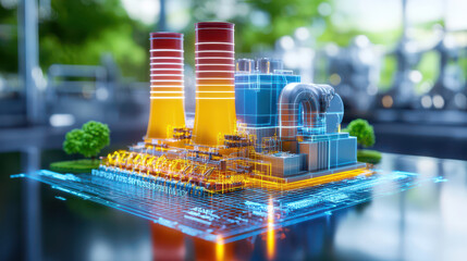 Poster - digital model of power plant with advanced technology, showcasing cooling towers and machinery. vibrant colors and intricate details highlight modern energy solutions