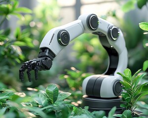 Poster - Robotic arm tending plants in a lush green environment.