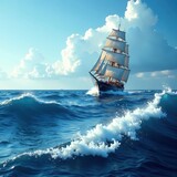 Monotone blue ocean waves crash against a sailing ship at sea , landscape, nautical, boat