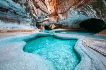 Poster - A magical Zion Canyon filled with glowing bioluminescent plants, cascading waterfalls of liquid light, and mythical creatures soaring between the cliffs