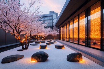 Poster - A magical Zen garden with glowing cherry blossoms, enchanted stones that float above raked sand, and a mystical stream glowing with ethereal light