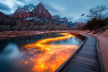 Poster - A magical Zion Canyon filled with glowing bioluminescent plants, cascading waterfalls of liquid light, and mythical creatures soaring between the cliffs