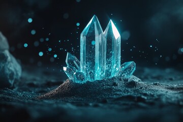 Poster - A magical scene of a zinc crystal glowing with an ethereal blue light, surrounded by floating particles in a mystical cave