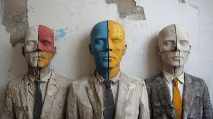 Poster - Three abstract mannequins with colorful faces, wearing suits, against a textured wall backdrop, creating a striking visual contrast.