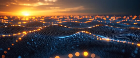Poster - Abstract digital landscape with glowing particles at sunset.