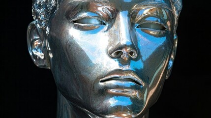 Poster - A sleek humanoid face made of shiny metal captures the essence of futurism. Its glossy surface reflects vivid blue and silver tones, creating an impression of depth and intrigue