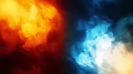 Aufkleber - Abstract digital artwork blending vibrant orange and yellow flames with deep blue and teal smoke. Smooth, fluid textures create dynamic contrast, symbolizing the harmony of fiery warmth and cool ether