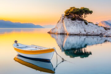 Poster - A peaceful Zakynthos coastline at sunrise, with golden light reflecting off the calm Ionian Sea and small fishing boats anchored nearby