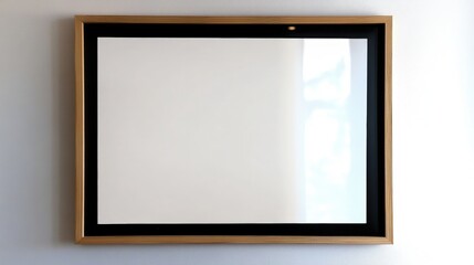 Poster - blank picture frame with black and white border mounted on wall with soft natural light illuminating