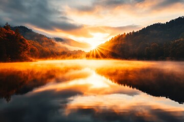 Aufkleber - A peaceful sunrise view of Maksimir Park, with light mist hovering over its serene lake
