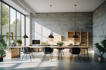 Poster - Sun is illuminating a modern open space office with concrete walls, large windows, and minimalist furniture