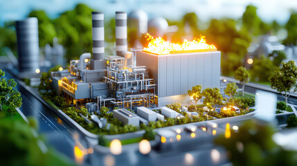 Poster - digital model of waste incineration facility with flames, showcasing industrial design and environmental impact. scene includes greenery and urban elements, creating striking contrast
