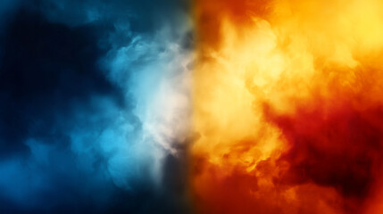 Aufkleber - Abstract digital artwork blending vibrant orange and yellow flames with deep blue and teal smoke. Smooth, fluid textures create dynamic contrast, symbolizing the harmony of fiery warmth and cool ether