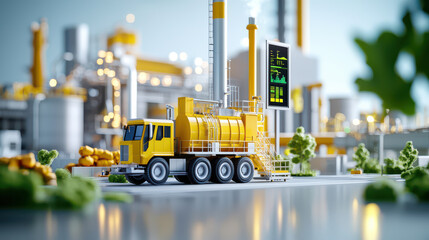 Aufkleber - digital model of waste plant featuring yellow truck, industrial structures, and greenery, showcasing advanced technology and environmental integration