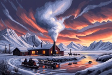 Poster - A pixel art depiction of a Yukon scene with snow-capped mountains, a dog sled team, and a small cabin emitting pixelated smoke, all set under a glowing pixel Northern Lights