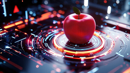 Aufkleber - digital model of red apple surrounded by futuristic technology, showcasing vibrant colors and intricate patterns, evokes sense of innovation and creativity