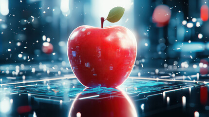 Aufkleber - digital model of red apple surrounded by futuristic technology, showcasing blend of nature and innovation. vibrant colors and high tech elements create captivating visual experience
