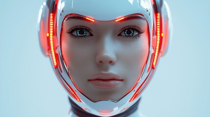 Poster - Close-up portrait of a female cyborg with glowing red lights on her helmet.