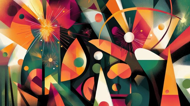 A colorful New Year's card design featuring fireworks and party hats, capturing the spirit of celebration.