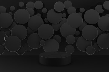 Poster - festive black abstract stage - black glossy plastic podium mockup, flying black circles as decor. te