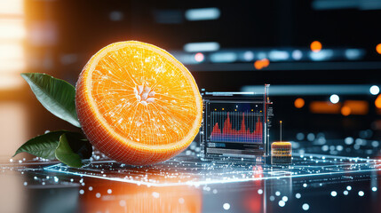 Aufkleber - digital model of orange with futuristic analysis, showcasing vibrant colors and intricate details. scene combines nature and technology, creating unique visual experience