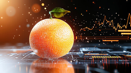 Fototapete - digital model of orange with leaf, set against futuristic technology background, showcasing vibrant colors and data visualization elements