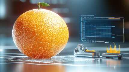 Poster - digital model of orange with futuristic analysis, showcasing data visualization and technology. vibrant orange fruit is highlighted against modern background