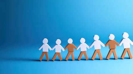 Poster - paper figures representing teamwork and collaboration on blue background. figures are in various col
