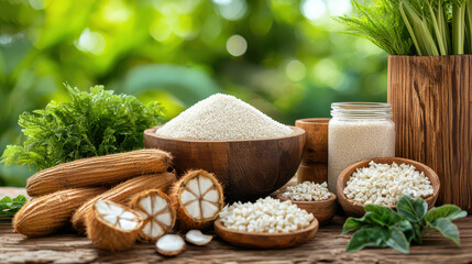 Poster - Fresh cassava roots and processed cassava products displayed in natural setting, showcasing versatility of this staple food. vibrant greenery enhances organic feel