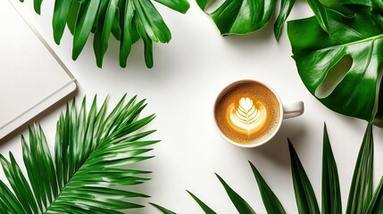 Poster - Modern Workspace Setup with Laptop, Coffee, and Tropical Plant Leaves in Minimalist Design Arrangement