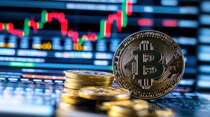 Fototapete - Digital currency concept with Bitcoin coins in front of trading chart