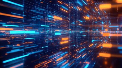 Fototapete - Futuristic Abstract Network Grid of Glowing Lines and Shapes in Dynamic Motion with Bright Colors Representing Data Flow and Digital Interaction