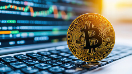 Fototapete - digital currency coin placed on laptop keyboard, symbolizing cryptocurrency trading and finance. background features stock market graph, representing market trends and analysis