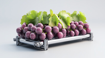Aufkleber - Fresh grapes with green leaves on metallic tray, showcasing modern harvesting technology. vibrant colors and sleek design highlight beauty of agricultural innovation