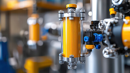 Poster - detailed view of liquid filtration system showcasing efficiency and modern design. vibrant yellow and silver components highlight advanced engineering in industrial applications