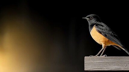 Wall Mural - bird watching and hobby concept. A bird perched on a wooden post against a blurred dark background.