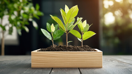 Poster - wooden planter with young green plants growing in rich soil, symbolizing growth and sustainability. warm sunlight enhances vibrant leaves, creating serene atmosphere