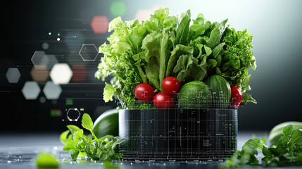 Aufkleber - Fresh vegetables in digital bowl, showcasing nutrition analysis with greens and tomatoes. vibrant display of healthy eating and technology combined