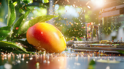 Aufkleber - digital rendering of ripe mango surrounded by technology, showcasing vibrant colors and blend of nature and innovation. scene evokes sense of freshness and modernity