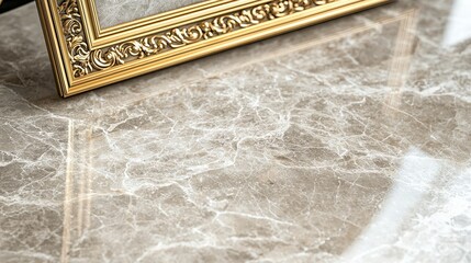 Poster - Ornate Golden Frame Displayed on Smooth Elegant Surface with Reflections and Intricate Details