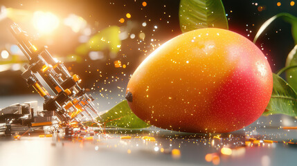 Aufkleber - digital rendering of ripe mango with technology elements, showcasing vibrant colors and futuristic aesthetic. scene captures contrast between nature and innovation