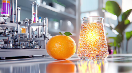 Poster - digital rendering of orange beside glass filled with sparkling liquid, showcasing modern laboratory setting. vibrant colors and advanced equipment create engaging atmosphere