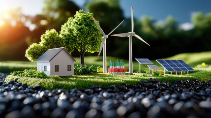 Poster - digital renewable energy model featuring wind turbines, solar panels, and house surrounded by greenery, symbolizing sustainable energy solutions